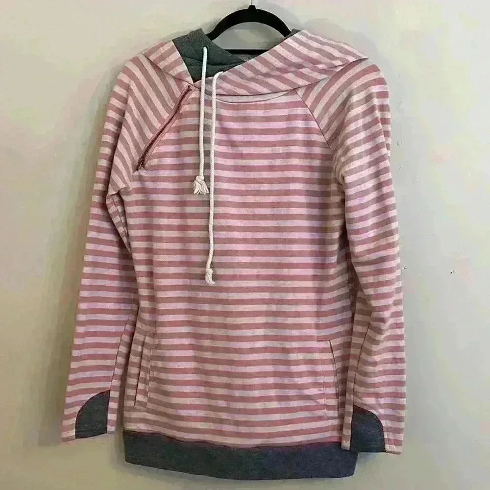 Ampersand Ave Hoodie Pullover Double Hood Pink Cream And Gray Size M